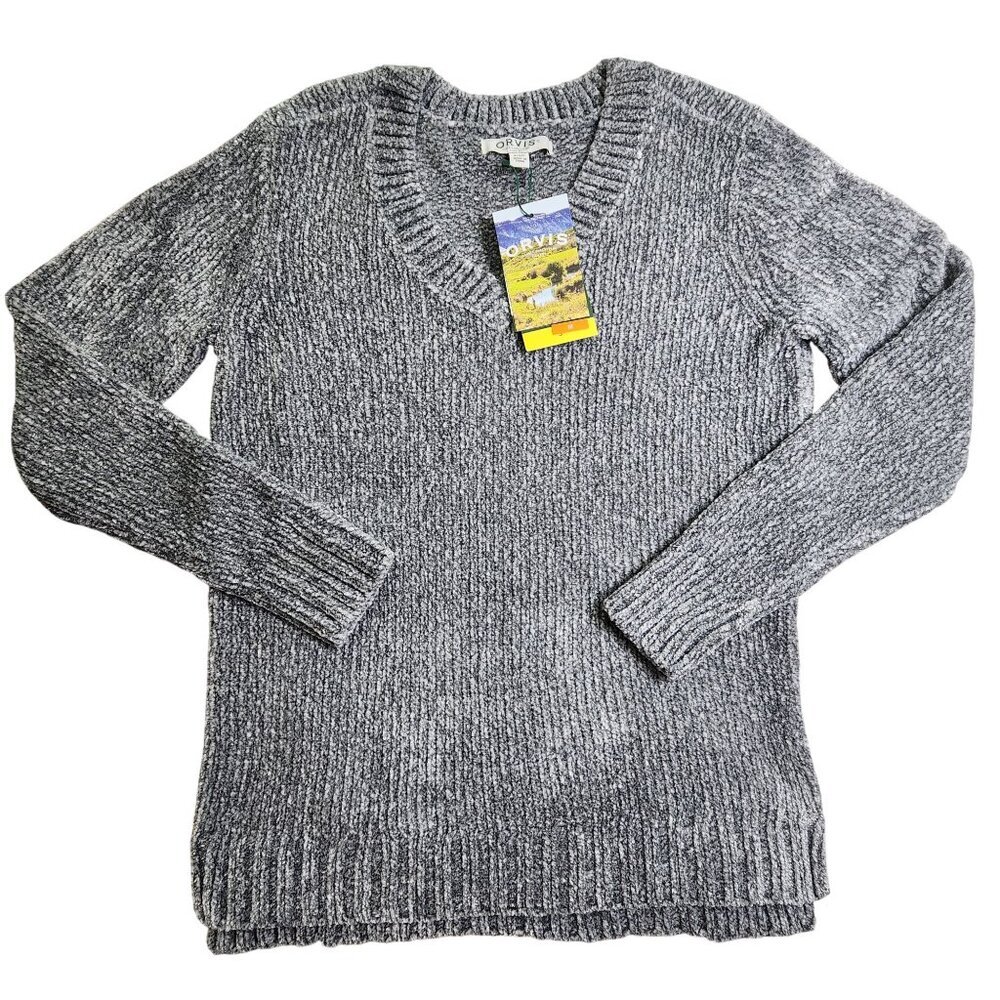 Orvis Womens Grey V-Neck Sweater S 100% Polyester Made In China